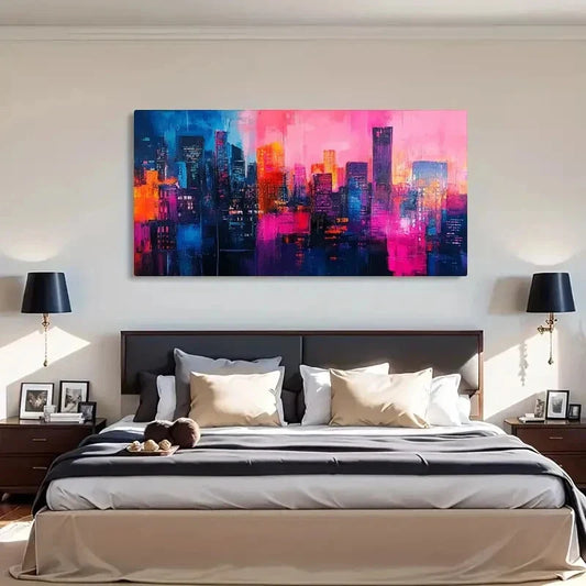 Skyline Modern Night Neon Wall Art Canvas Office Home Room Framed 120x60cm