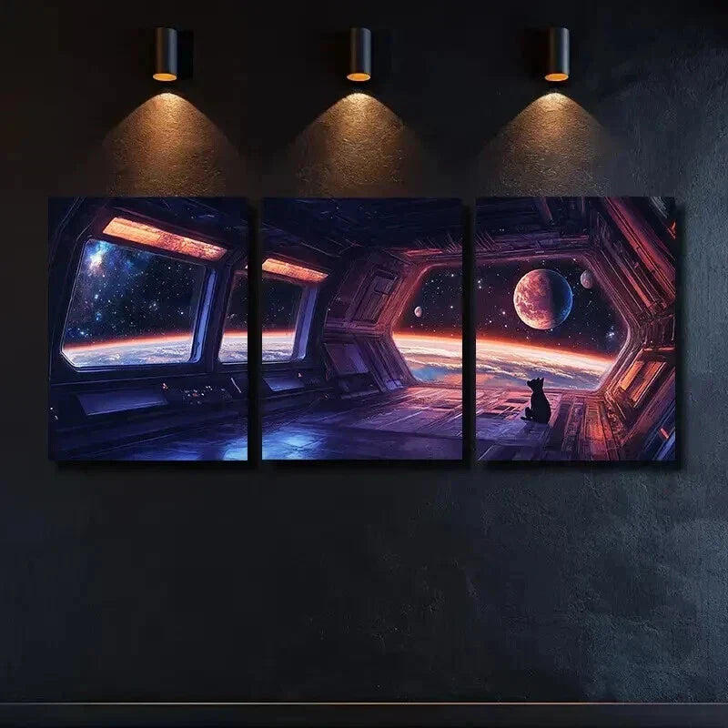 3pcs Space Station View with Dog Wall Art Set Canvas Framed 40x60cm - High Quality Print 100% Australian Made Wall Canvas Ready to Hang