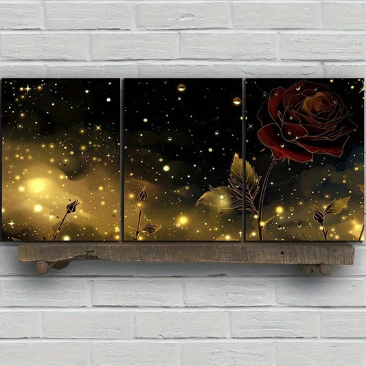 3pcs Red Roses Stunning Golden Metal Print Ready to Hang Art