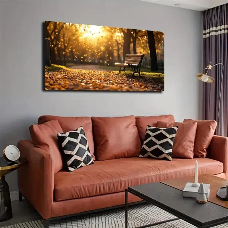 Autumn Pathway Wooden Bench Wall Art Canvas Office Home Room Framed 120x60cm