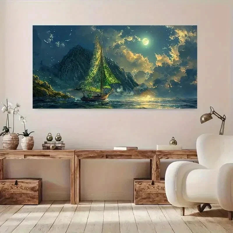 Glowing Lake and Moonlight wall canvas office home room framed 120x60cm