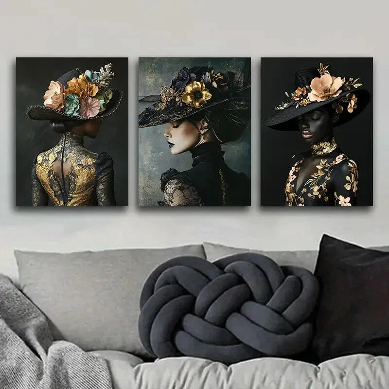 3pcs  Floral Hat Girl Painting, Metal Print Ready to Hang Art