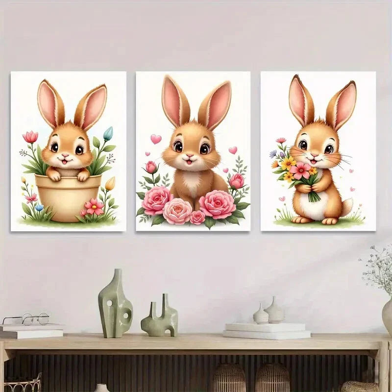3pcs Charming Bunny Cute Rabbit Paintings flower Metal Print Ready to Hang Art