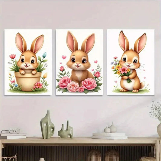 3pcs Charming Bunny Cute Rabbit Paintings flower Metal Print Ready to Hang Art