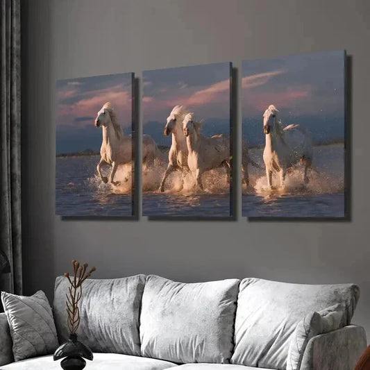 3pcs Camargue White Horses Portrait Wall Art Set Canvas Framed 40x60cm - High Quality Print 100% Australian Made Wall Canvas Ready to Hang