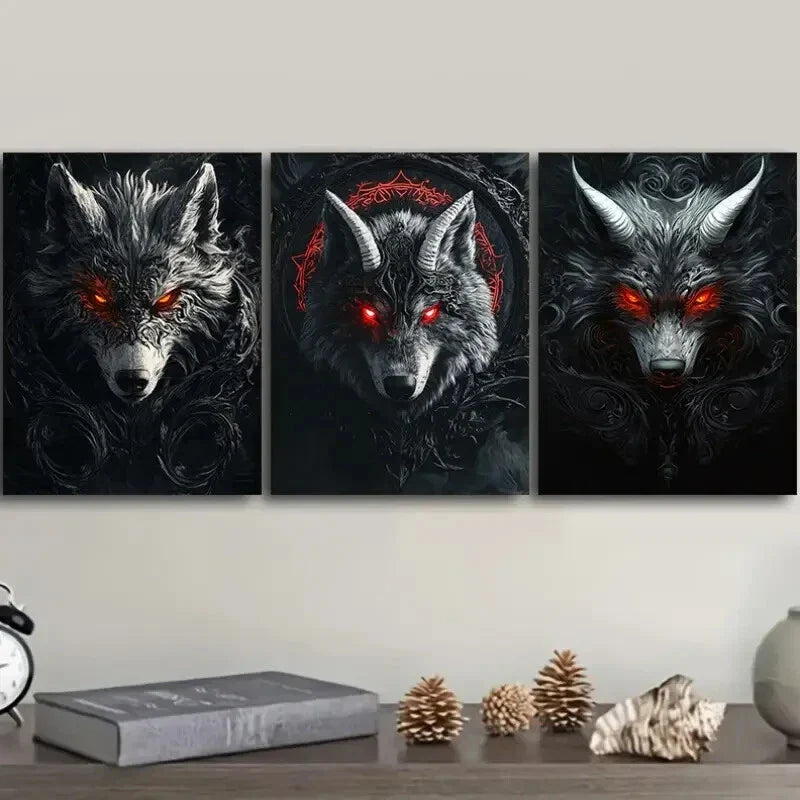 3pcs Fierce Red-Eyed Wolf Wall Art Set Canvas Framed 40x60cm - High Quality Print 100% Australian Made Wall Canvas Ready to Hang