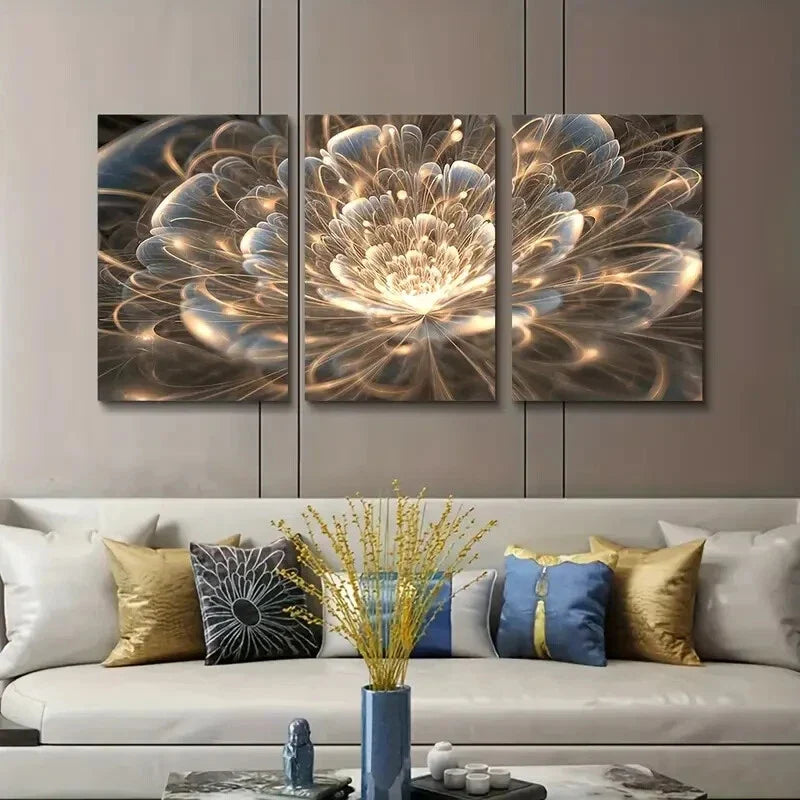 3pcs  Golden Lotus Floral Painting Metal Print Ready to Hang Art