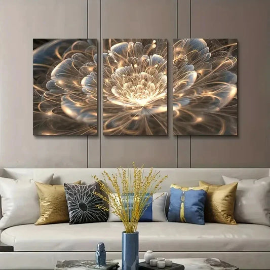 3pcs  Golden Lotus Floral Painting Metal Print Ready to Hang Art