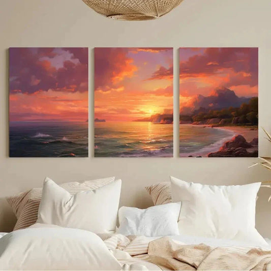 3pcs Sunset Seascape Landscape, Modern Classic Metal Print Ready to Hang Art