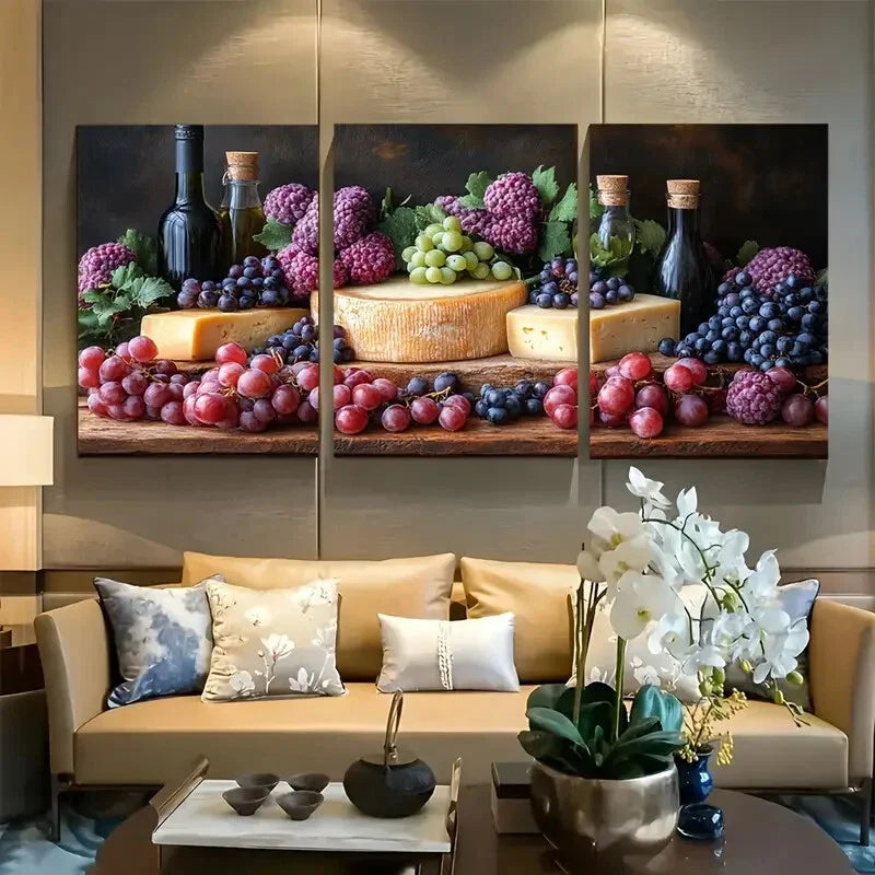 3pcs Cheese & Grape Still Life Metal Print Ready to Hang Art