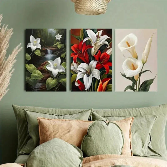3pcs Calla lily and Agarwood Flowers in the Vase Metal Print Ready to Hang Art