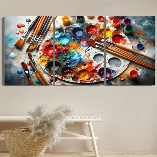 3pcs Paintbrushes And Palette on Table Metal Print Ready to Hang Art