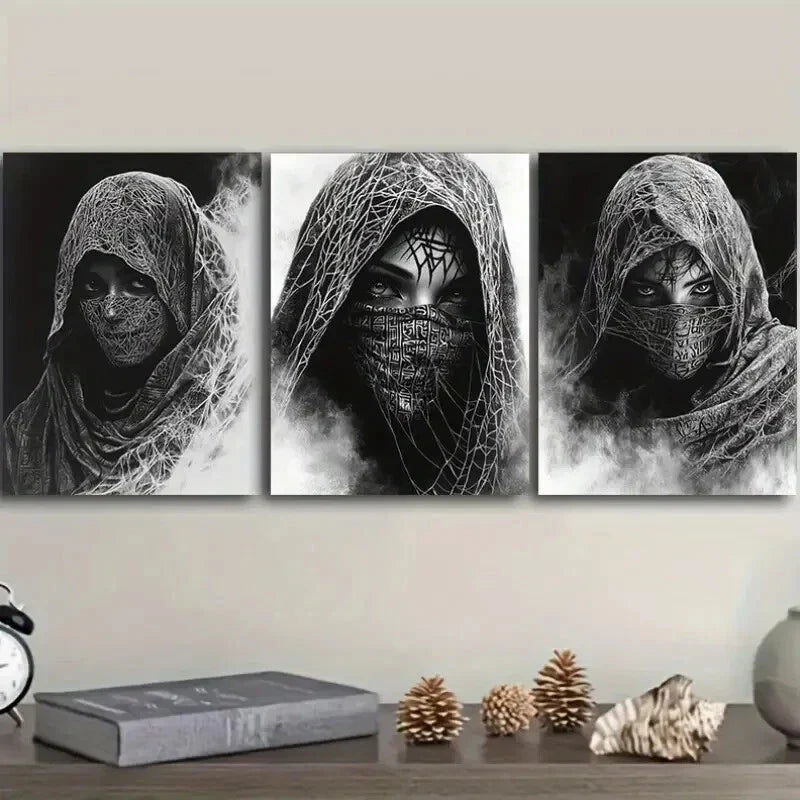 3pcs The Enigmatic Cloaked Woman from Egypt Wall Art Set Canvas Framed 40x60cm - High Quality Print 100% Australian Made Wall Canvas Ready to Hang