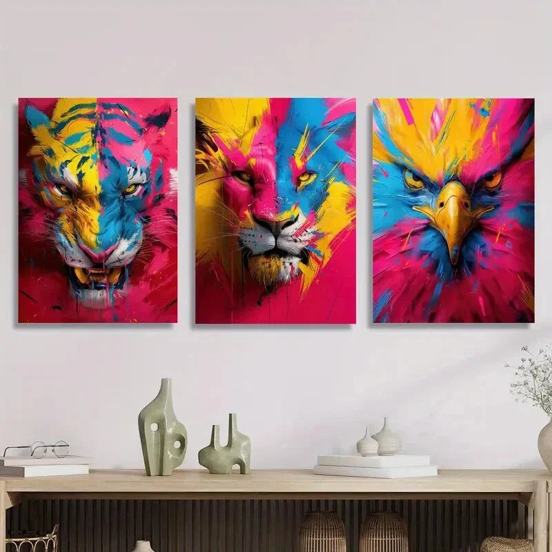 3pcs Vibrant Tiger & Lion Colorful Abstract Metal Print Ready to Hang Art