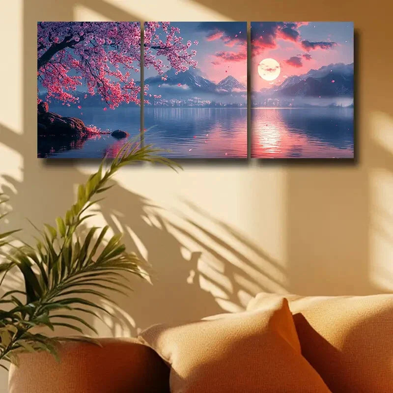 3pcs A cherry blossom, Moon & Mountain View Design Metal Print Ready to Hang Art