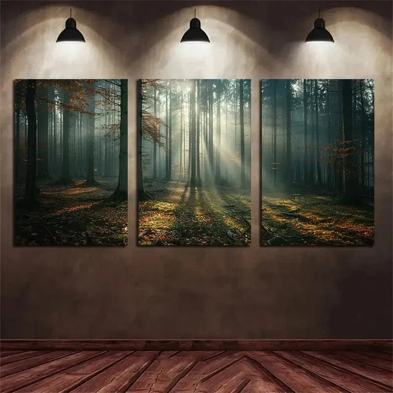 3pcs Misty Forest Tall Trees Sunrise Metal Print Ready to Hang Art