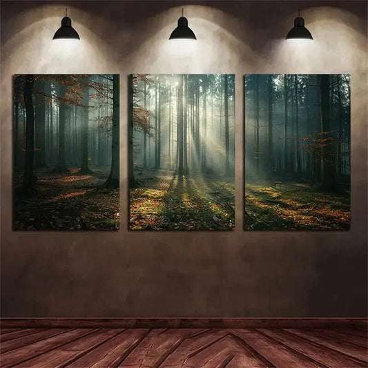 3pcs Misty Forest Tall Trees Sunrise Metal Print Ready to Hang Art