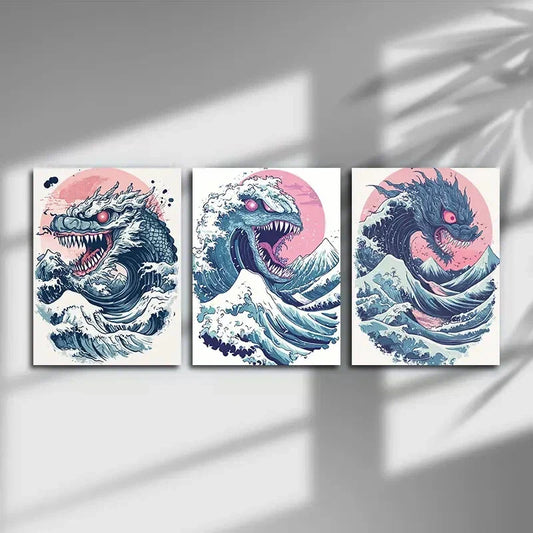 3pcs Majestic Sea Beast Waves Metal Print Ready to Hang Art