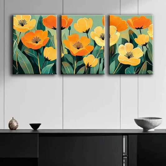 3pcs Beautiful Rolled Orange Floral Perfect Wall Art Set Canvas Framed 40x60cm - High Quality Print 100% Australian Made Wall Canvas Ready to Hang