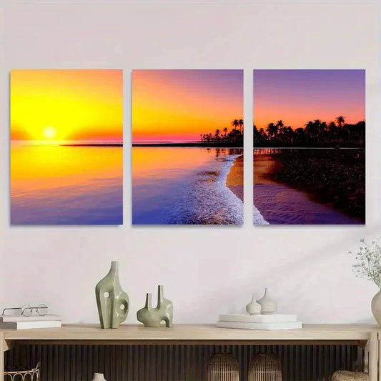 3pcs Beautiful Sunset Beach Triptych Vibrant Metal Print Ready to Hang Art