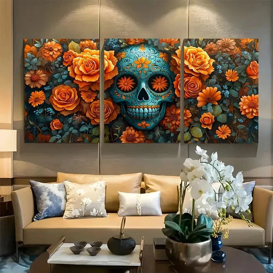 3pcs Blue Sugar Skull with Orange Roses Metal Print Ready to Hang Art