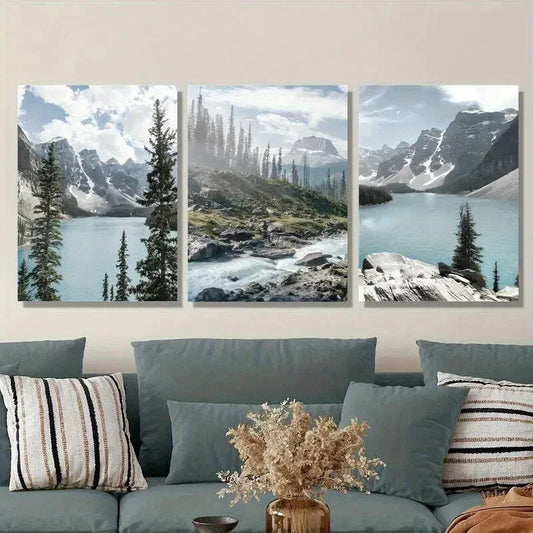 3pcs Snowy Mountains, Forest & Turquoise Lake Metal Print Ready to Hang Art