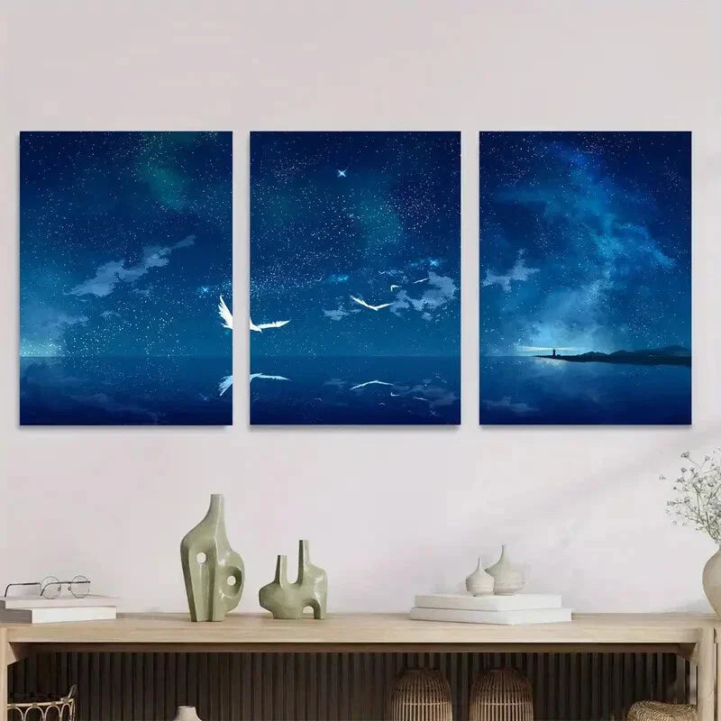 3pcs Starry Night Sky Blue & Purple Celestial Metal Print Ready to Hang Art