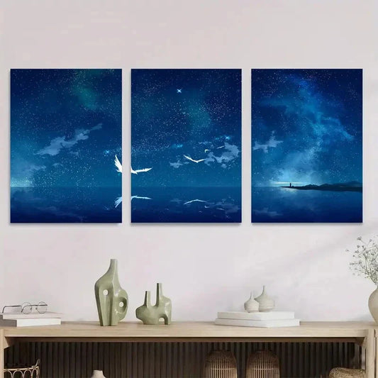 3pcs Starry Night Sky Blue & Purple Celestial Metal Print Ready to Hang Art