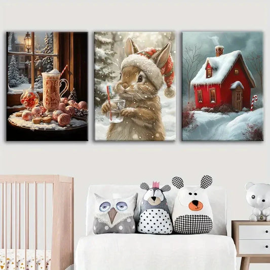 3pcs Christmas Red House Poster, Metal Print Ready to Hang Art