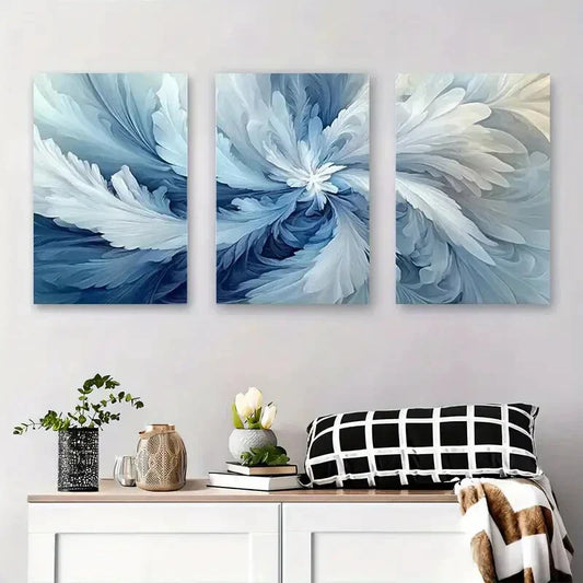3pcs Abstract Blue and White Swirls Metal Print Ready to Hang Art