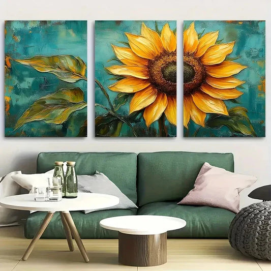 3pcs Vibrant Yellow Sunflower with Teal Background Metal Print Ready to Hang Art