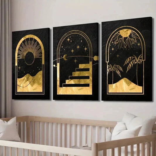 3pcs Abstract Mystical Golden Moon & Sun Wall Art Set Canvas Framed 40x60cm - High Quality Print 100% Australian Made Wall Canvas Ready to Hang