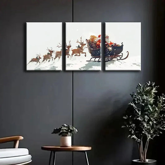 3pcs Santa Claus & Reindeer Sleigh White Snow Wall Art Set Canvas Framed 40x60cm - High Quality Print 100% Australian Made Wall Canvas Ready to Hang