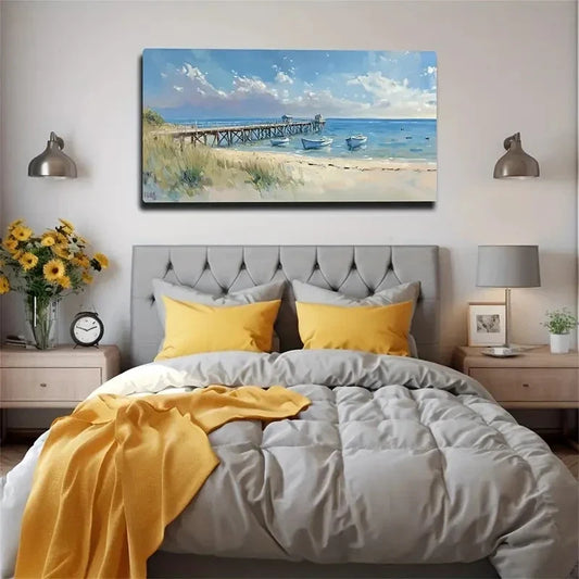 Coastal Wooden Dock & Boat Wall Art Canvas Office Home Room Framed 120x60cm