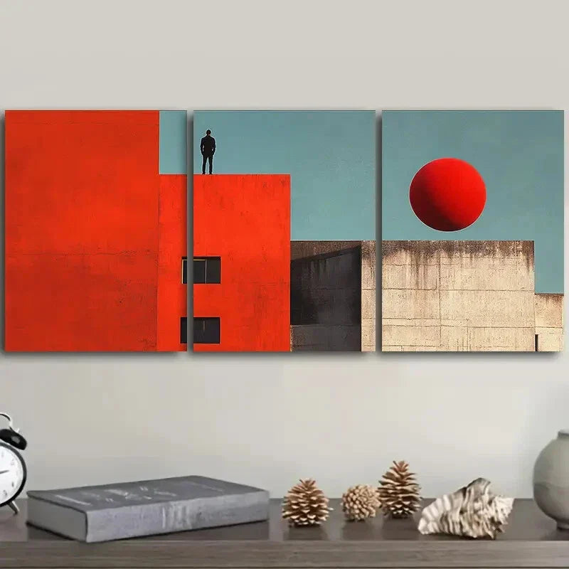 3pcs The red ball on the wall Wall Art Set Canvas Framed 40x60cm - High Quality Print 100% Australian Made Wall Canvas Ready to Hang