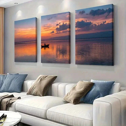 3pcs Tranquil Sunset & Boat on a Lake Prints Wall Art Set Canvas Framed 40x60cm - High Quality Print 100% Australian Made Wall Canvas Ready to Hang