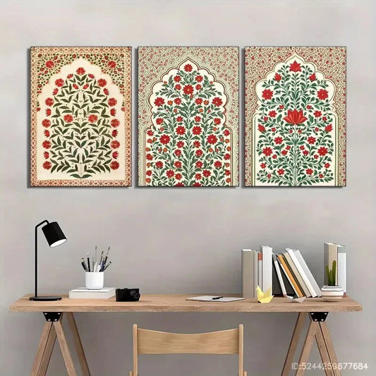3pcs Red Floral Decorative Poster Stylish Metal Print Ready to Hang Art