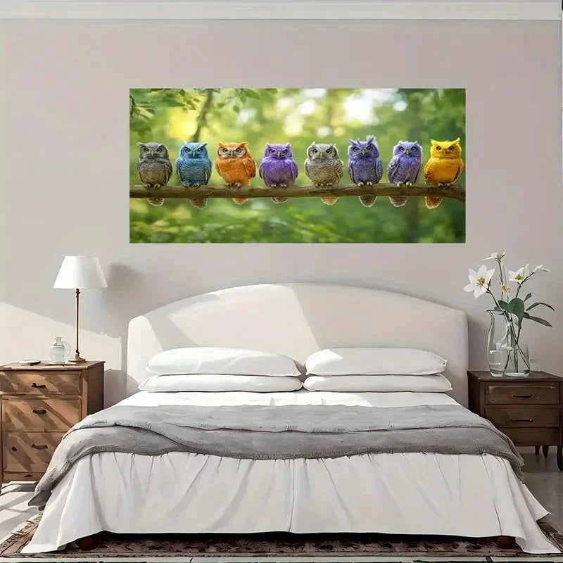 Colorful Owl Family On Branch Wall Art Canvas Office Home Room Framed 80x45cm