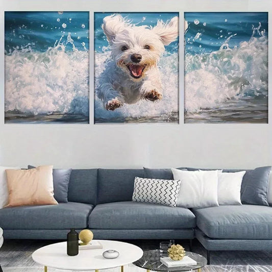 3pcs Playful White Dog Jumping in Ocean Waves Wall Art Set Canvas Framed 40x60cm - High Quality Print 100% Australian Made Wall Canvas Ready to Hang