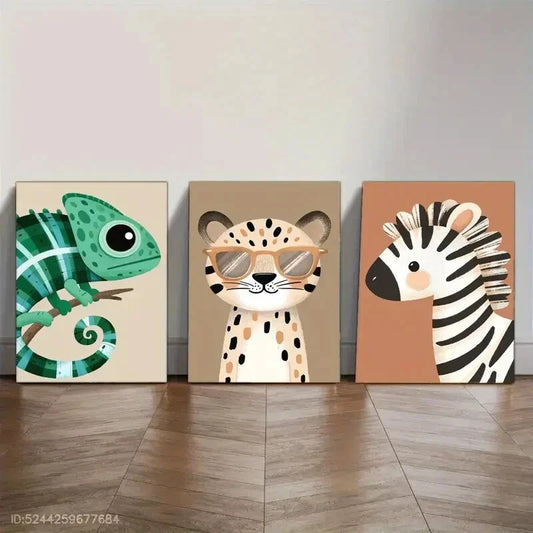 3pcs Chameleon Cheetah Zebra Vibrant Jungle Metal Print Ready to Hang Art