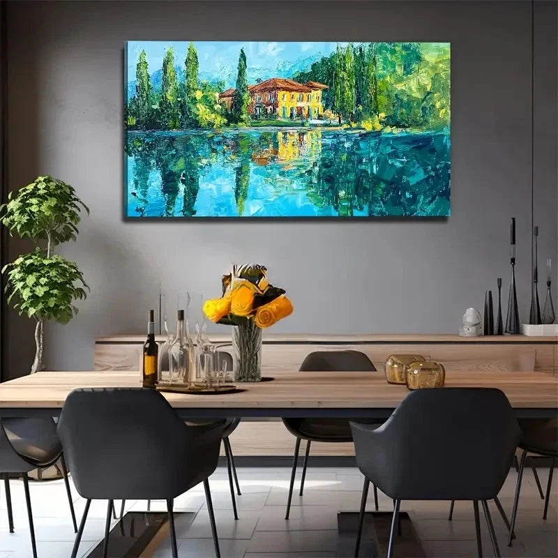 Serene Lakeside House Wall Art Canvas Office Home Room Framed 120x60cm