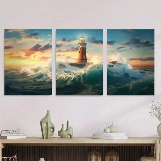 3pcs Ocean Sunset Lighthouse Triptych Metal Print Ready to Hang Art
