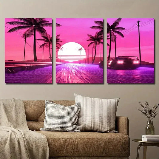 3pcs Vibrant Pink Sunset Palm Tree & Retro Car Metal Print Ready to Hang Art