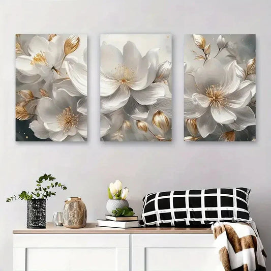3pcs Elegant White Flowers Golden Accents Metal Print Ready to Hang Art