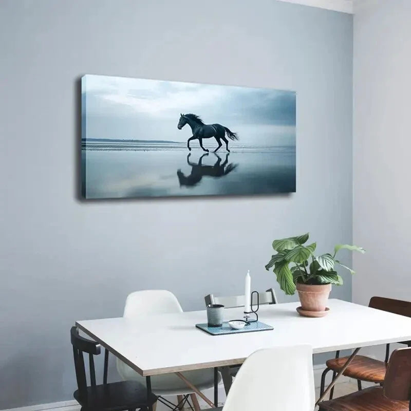 Majestic Black Horse Running Wall Art Canvas Office Home Room Framed 120x60cm