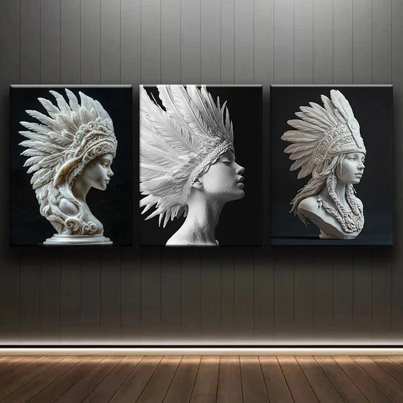 3pcs Abstract Modern Face Crown Gray Metal Print Ready to Hang Art