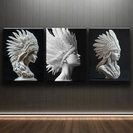 3pcs Abstract Modern Face Crown Gray Metal Print Ready to Hang Art