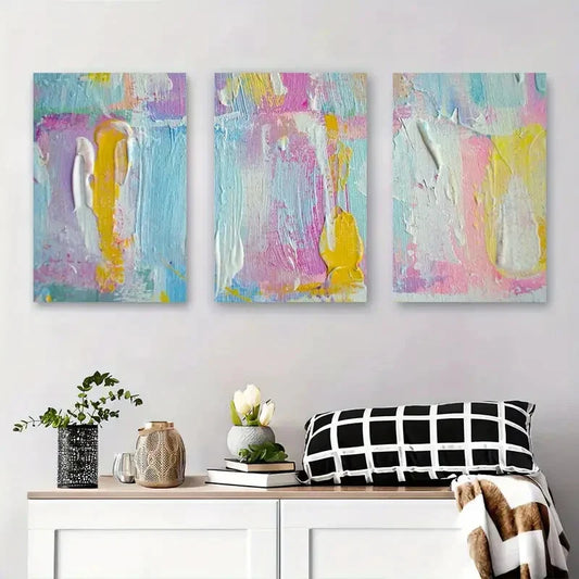 3pcs Soft Pink, Yellow, and Blue Textured Design Metal Print Ready to Hang Art