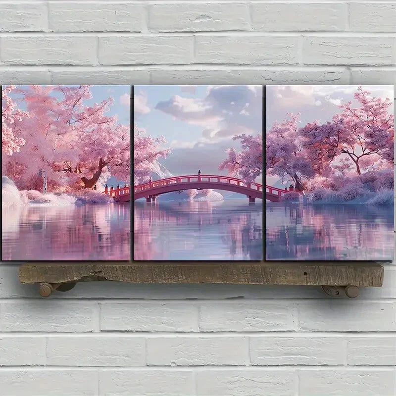 3pcs Cherry Blossom River Bridge Rose White Cloud Metal Print Ready to Hang Art
