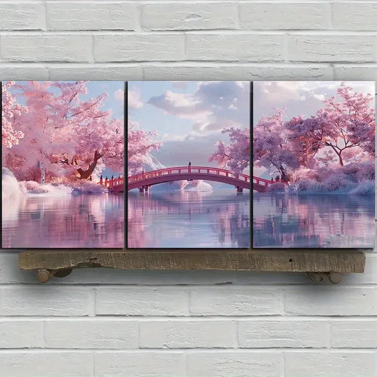 3pcs Cherry Blossom River Bridge Rose White Cloud Metal Print Ready to Hang Art
